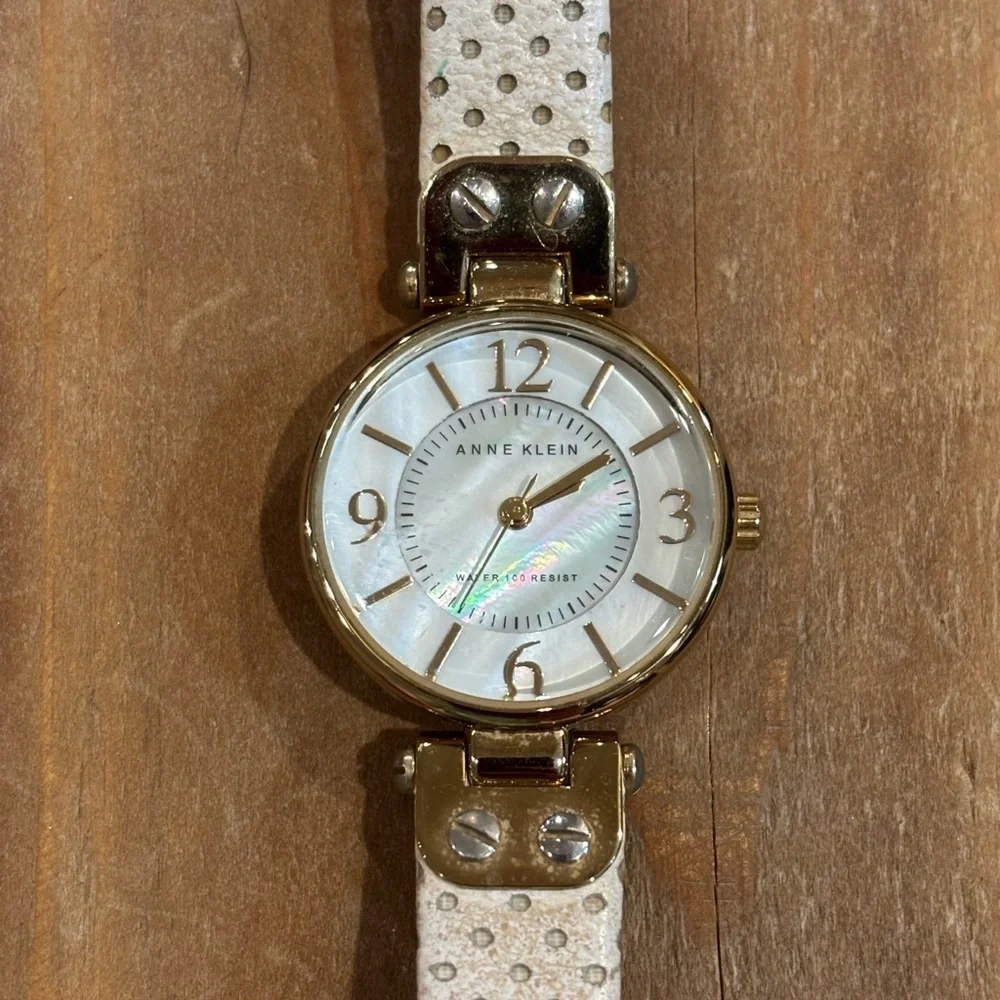 Anne Klein Watch Womens Gold Leather Band Polka Dot